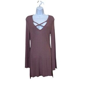 Free People Sweater Womens XS Mauve Criss Cross Tunic Oversized Long Sleeve